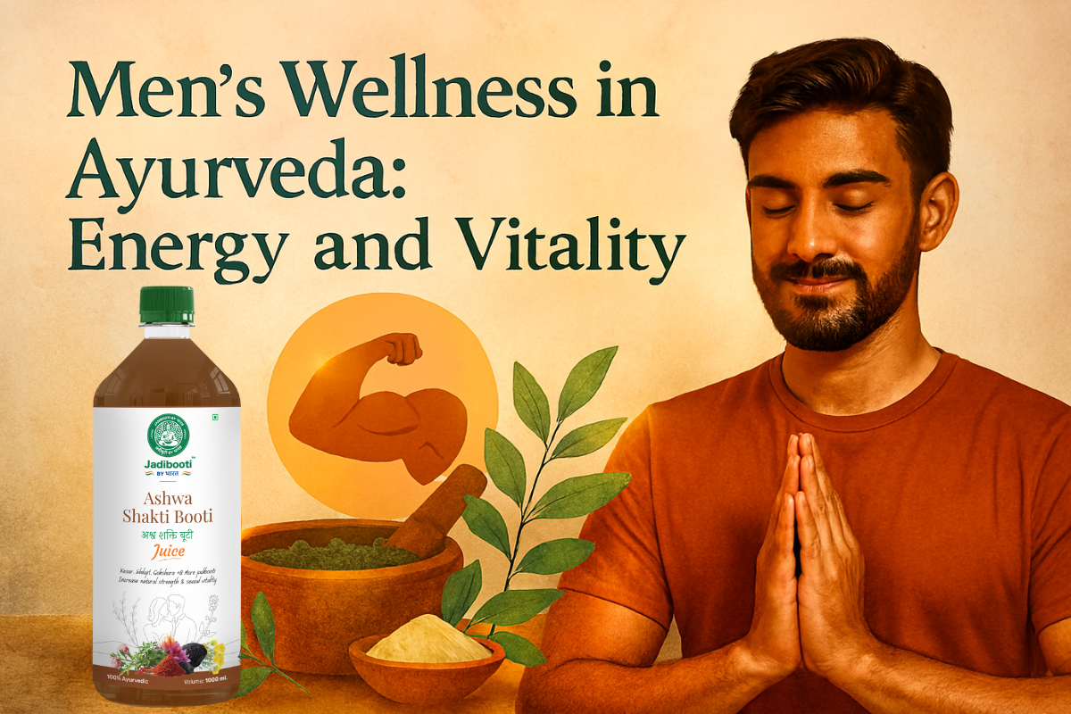 Illustration of a serene man meditating beside Ayurvedic herbs and a flexed arm symbol, with Ashwagandha, Shilajit, and Safed Musli arranged around a supplement bottle labeled “Men’s Vitality Formula.”